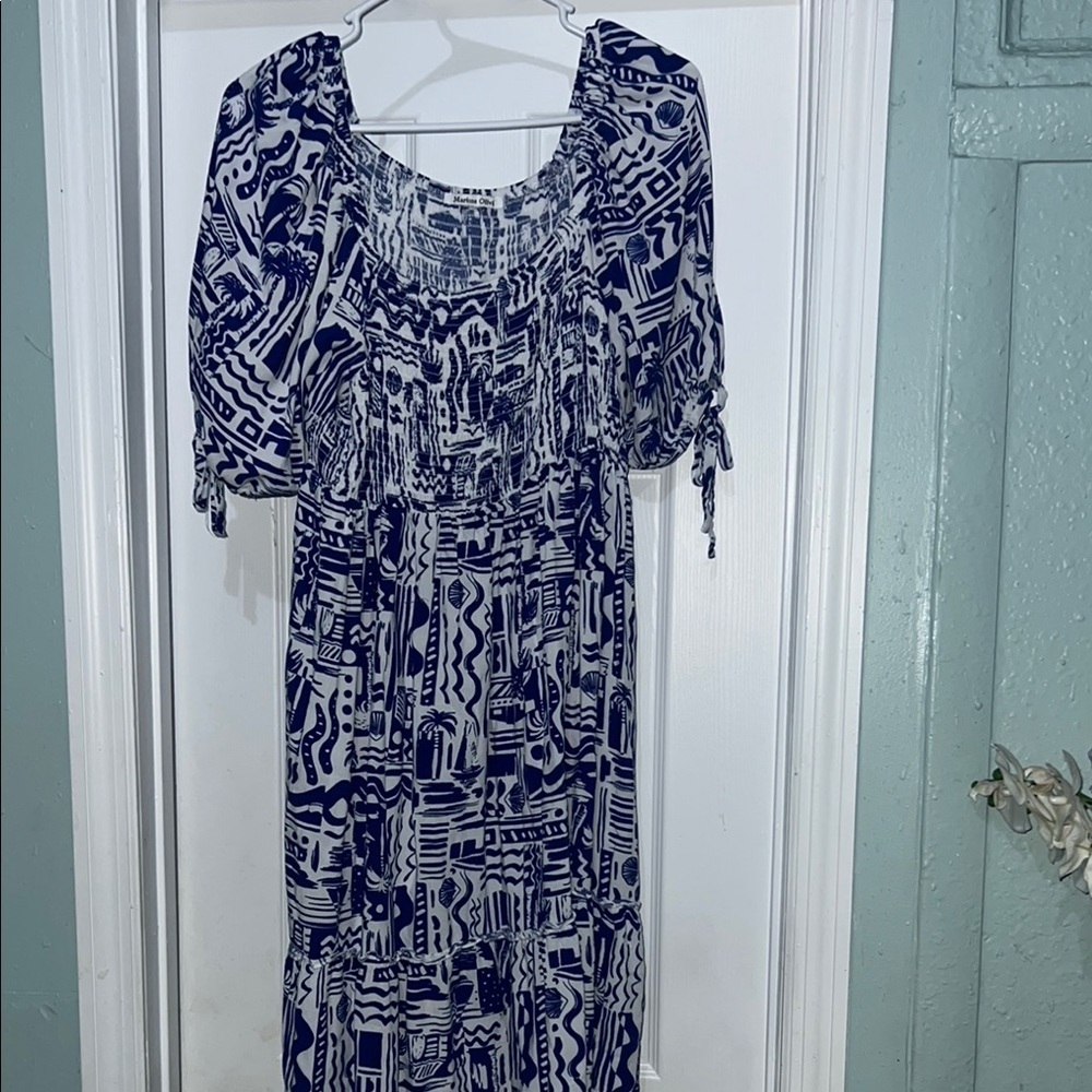 Blue and White Smocked Sundress with Puff Sleeves
